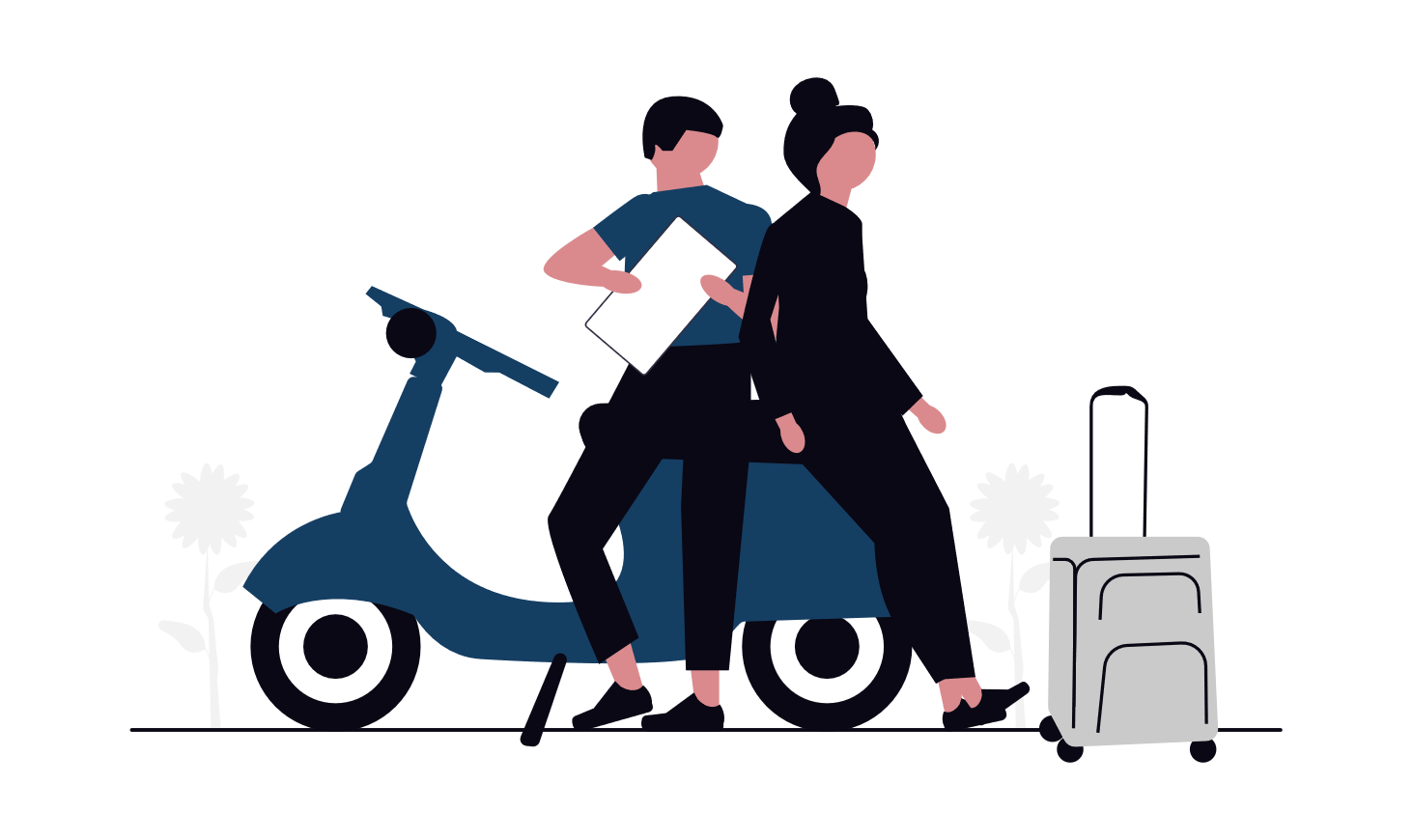 Eine gezeichnete Darstellung zweier Personen, die sich an eine blaue Vespa angelehnt haben. Neben Ihnen steht ein Rollkoffer.