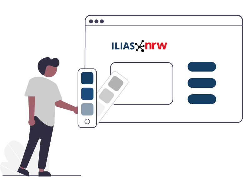 Zeichnung von einer Person mit dunklen Haaren. Sie steht links und hält einen Farbfächer mit Blau- und Grautönen. Rechts ist ein Bildschirm mit dem Logo 'ILIAS.nrw' und einigen Schaltflächen.