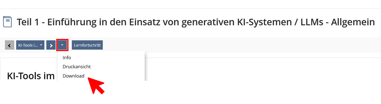 Die Abbildung zeigt den Menüpunkt eines ILIAS-Lernmoduls, unter dem auch der Download möglich ist.