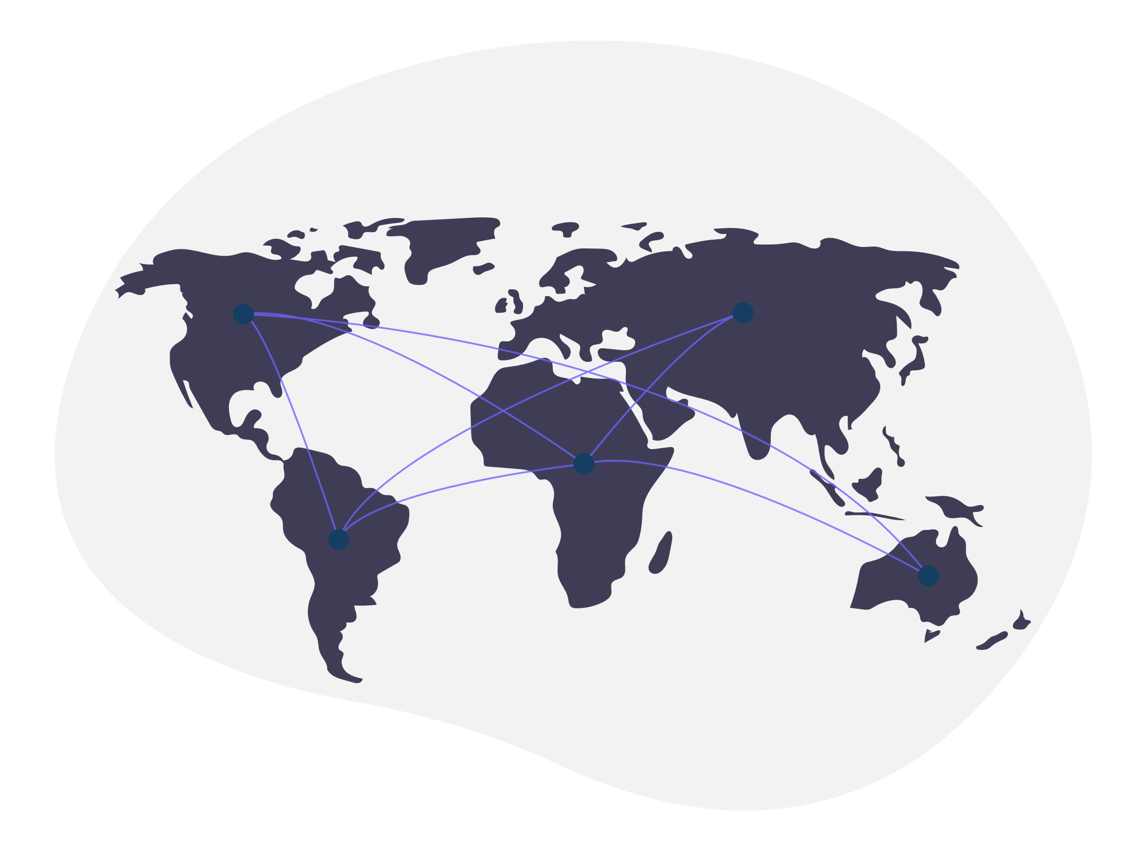 Eine Darstellung einer Weltkarte auf grauem Hintergrund mit Verbindungen zwischen den Kontinenten.