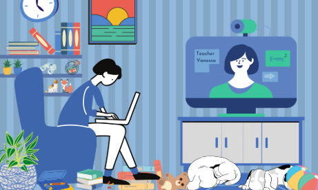 Die Grafik zeigt eine an einem Notebook sitzende Lernende im Wohnzimmer und über den Fernseher mit Videokamera ist eine Tutorin zugeschaltet.