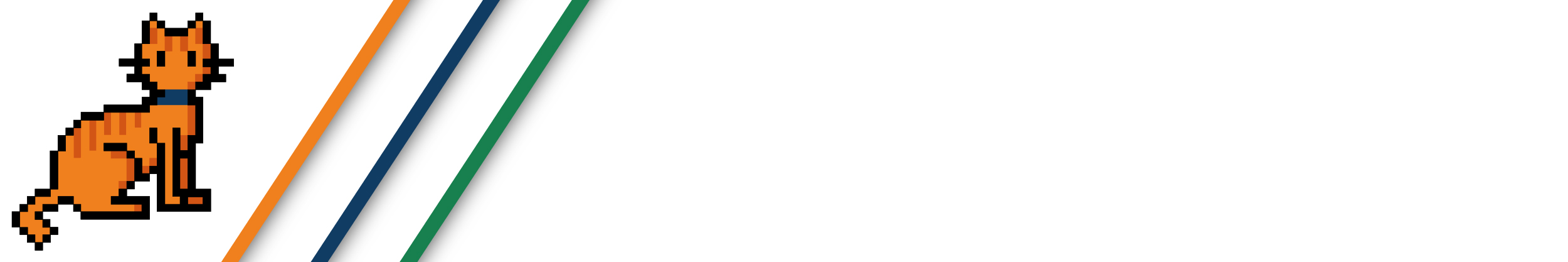 Dekoratives Bild mit einer orangenen Pixelkatze und 3 farbigen Streifen daneben. Keine inhaltlichen Informationen.