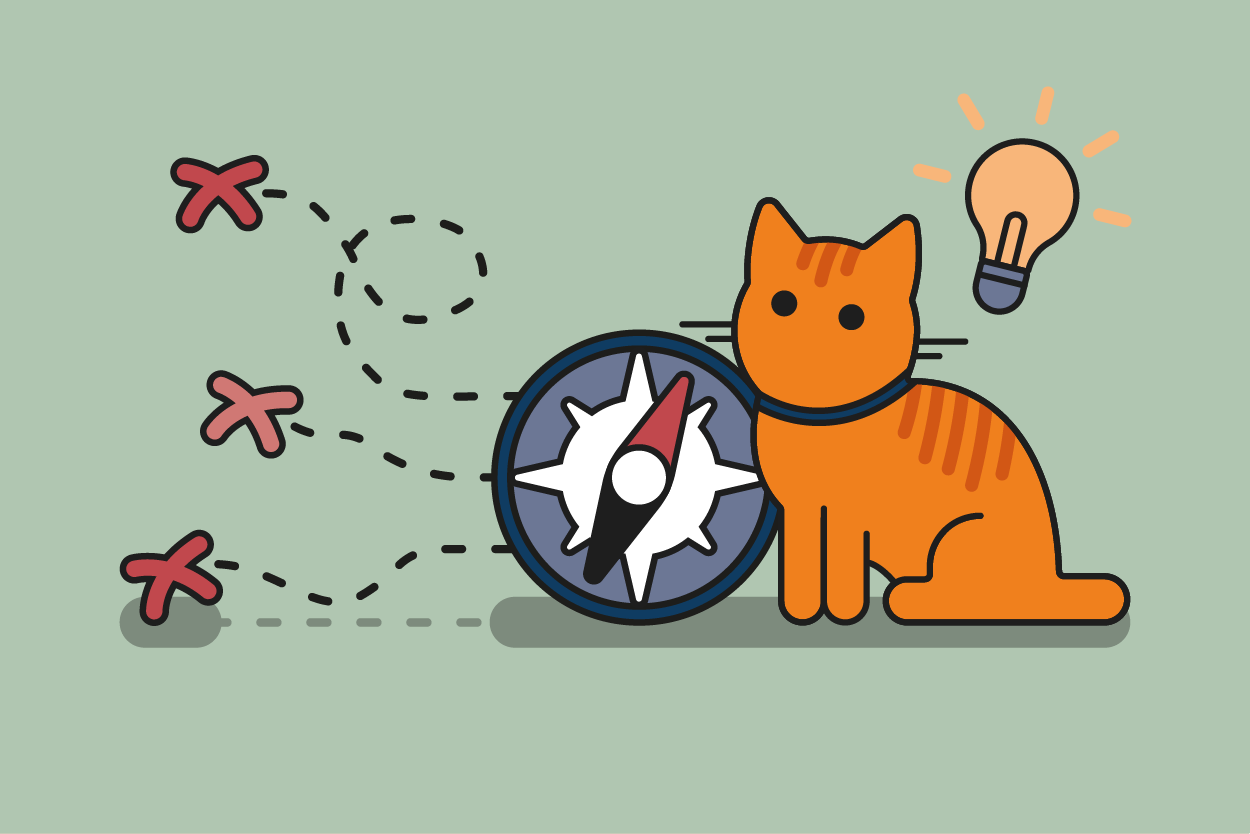 Dekoratives Bild zur niedrigschwelligen Veranschaulichung für Adaptivitätsniveau 3: Eine orangene Katze mit einer Glühbirne über dem Kopf sitzt vor einem großen Kompass. Vom Kompass ausgehend führen drei gestrichelte Pfade zu drei unterschiedlichen roten Kreuzen. Keine inhaltlichen Informationen.