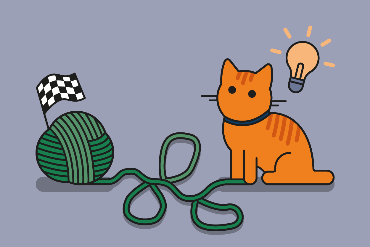 Dekoratives Bild zur niedrigschwelligen Veranschaulichung für Adaptivitätsniveau 2: Eine orangene Katze mit einer Glühbirne über dem Kopf hält einen Faden, der in einem grünen Wollknäuel endet. Auf dem Weg zwischen Pfote und Knäuel bildet der Faden drei Schlaufen. Im Wollknäuel steckt eine Zielflagge. Keine inhaltlichen Informationen.
